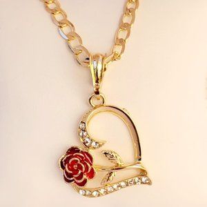 Heart & Rose Pendant Necklace Set Laminated Gold